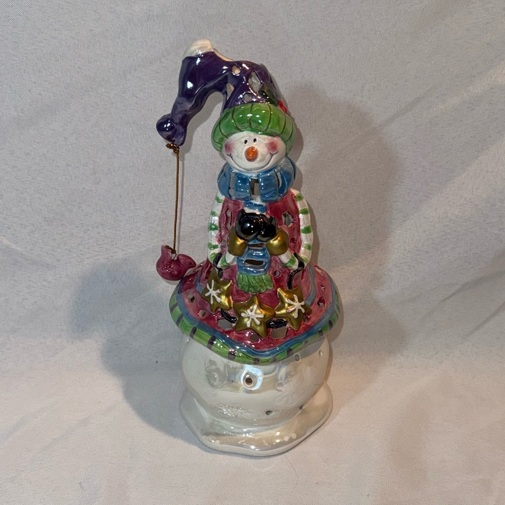 Festive Snowman Candle Holder with Purple Hat Cardinal charm